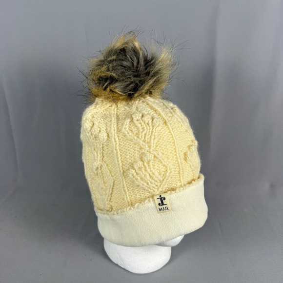 Sijjl Accessories - Sijjl Cream Cable Knit Beanie Faux Fur Pom Pom Fleece Lined Winter Hat Ivory